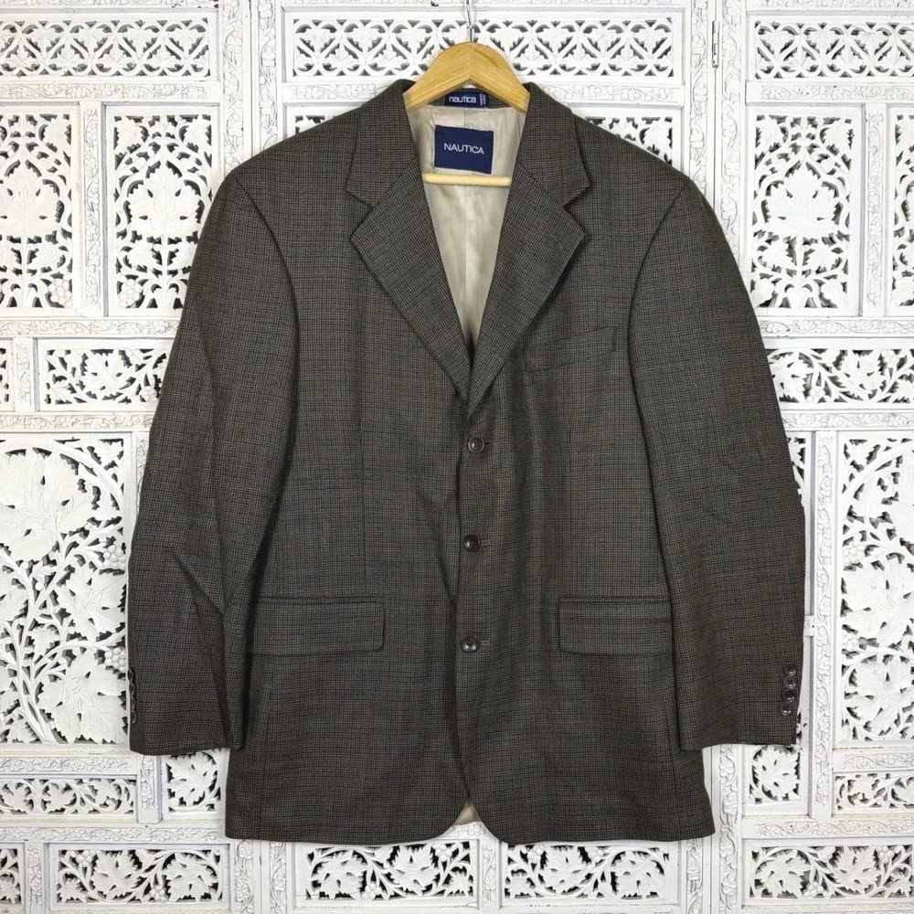 Nautica Lambswool Plaid 3 Button Blazer Mens 41R Career Academia Business‎